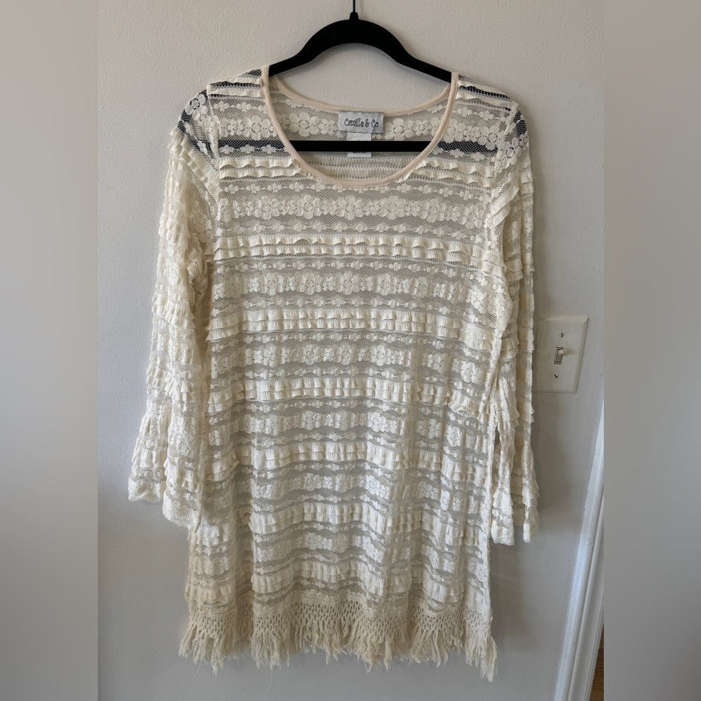 Camille & Co. White Lace Long Sleeve Tunic Shift Dress Size L (Juniors)